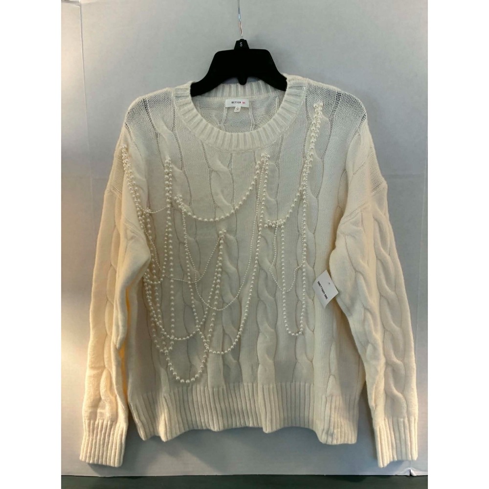 Better Be Womens Medium Ivory Cable Knit Sweater Pearl Embellished Coquette NWT